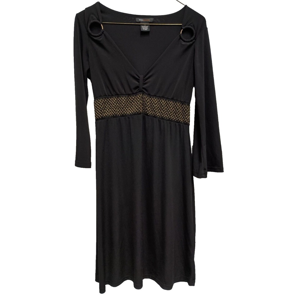 VTG 90s BCBGMaxazria Babydoll Dress Womens XS Black Gold Flare‎ Sleeve BOHO Glam